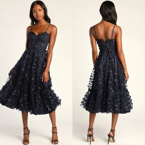 Lulus Time to Fly Navy Blue Butterfly Lace-Up Midi Dress XL Wedding Party NWOT